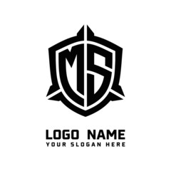 initial MS letter with shield style logo template vector. shield shape black monogram logo