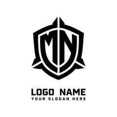 initial MN letter with shield style logo template vector. shield shape black monogram logo