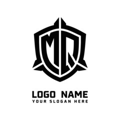 initial MQ letter with shield style logo template vector. shield shape black monogram logo