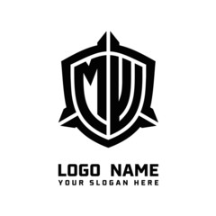 initial MW letter with shield style logo template vector. shield shape black monogram logo