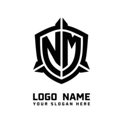 initial NM letter with shield style logo template vector. shield shape black monogram logo