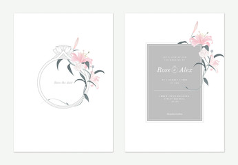 Flowers and foliage wedding invitation card template design, wedding ring decorated with pink lily flowers and leaves on white