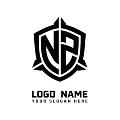initial NZ letter with shield style logo template vector. shield shape black monogram logo