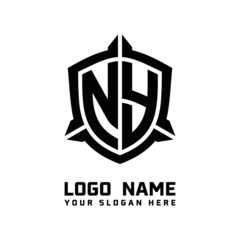 initial NY letter with shield style logo template vector. shield shape black monogram logo