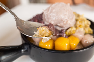 cold shaved ice with colorful dessert