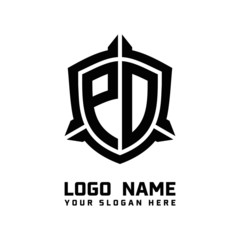 initial PD letter with shield style logo template vector. shield shape black monogram logo