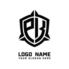 initial PK letter with shield style logo template vector. shield shape black monogram logo - obrazy, fototapety, plakaty
