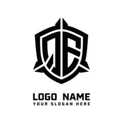 initial QE letter with shield style logo template vector. shield shape black monogram logo