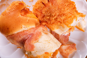 top view bread with bacon and shredded pork