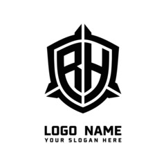 initial RH letter with shield style logo template vector. shield shape black monogram logo