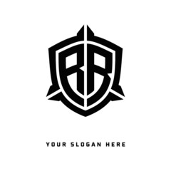 initial RR letter with shield style logo template vector. shield shape black monogram logo