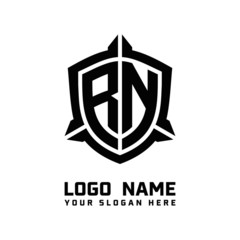 initial RN letter with shield style logo template vector. shield shape black monogram logo