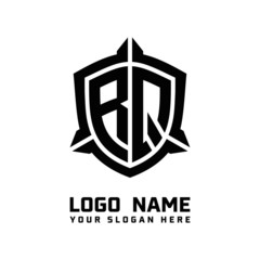 initial RQ letter with shield style logo template vector. shield shape black monogram logo