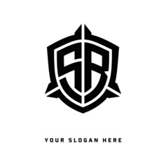 initial SR letter with shield style logo template vector. shield shape black monogram logo