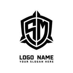 initial SM letter with shield style logo template vector. shield shape black monogram logo