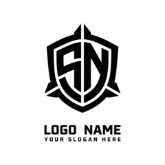initial SN letter with shield style logo template vector. shield shape black monogram logo