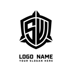 initial SW letter with shield style logo template vector. shield shape black monogram logo
