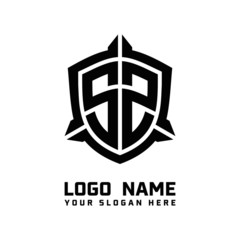 initial SZ letter with shield style logo template vector. shield shape black monogram logo