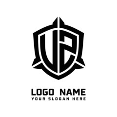 initial UZ, VZ letter with shield style logo template vector. shield shape black monogram logo