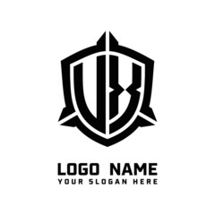 initial UX, VX letter with shield style logo template vector. shield shape black monogram logo