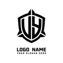 initial UY, VY letter with shield style logo template vector. shield shape black monogram logo