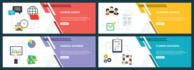 Internet banner set of business, growth and planning icons.