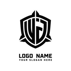 initial WJ letter with shield style logo template vector. shield shape black monogram logo