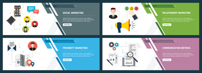 Internet banner set with marketing, communication, metrics and relationship icons.