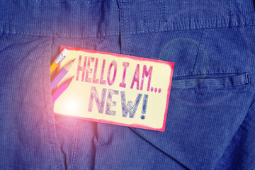 Conceptual hand writing showing Hello I Am New. Concept meaning used as greeting or to begin...