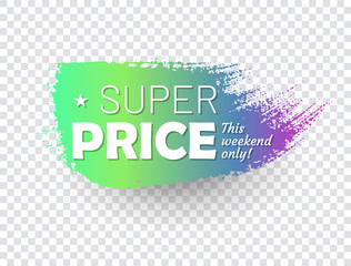 Super price this weekly only badge. Colorful retail tag in shape of paintbrush stroke. Flat gradient design with shadow isolated on transparent background. Short advertising message for promotion.