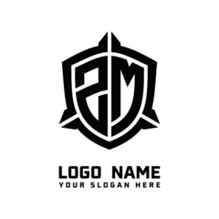 initial ZM letter with shield style logo template vector. shield shape black monogram logo