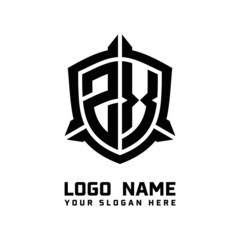 initial ZX letter with shield style logo template vector. shield shape black monogram logo