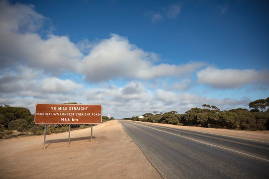 Cocklebiddy Western Australia September 15th 2019 : Sign denoting the start of the 90 mile straight road, which is Australia's longest straight road and is located on the Nullarbor Plain