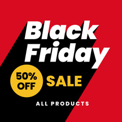 Black Friday 50% off sale modern social media poster background template. modern typography text with extrude long shadow style vector illustration