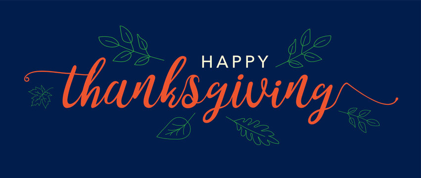 Happy Thanksgiving Text Vector Banner with Leaves Illustration and Blue Background