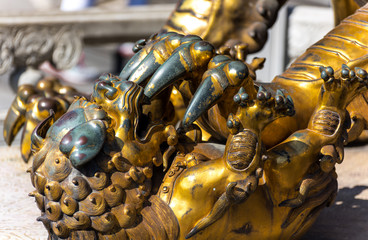Fototapeta premium A golden lion statue in the Forbidden City, the main buildings of the former royal palace of Ming dynasty and Qing dynasty in Beijing China.