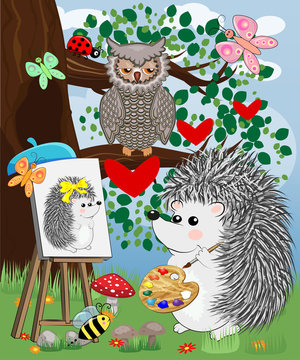 A hedgehog artist in love draws on an easel amidst a forest glade, owls are watched from a branch. Profession, vocation, hobby, art