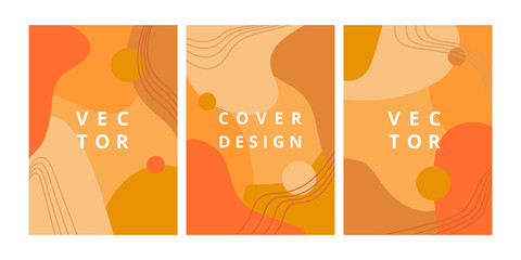 Autumn set of abstract backgrounds with fluid shapes and hand draw line in orange colors. Modern design template with space for text. Minimal stylish cover for branding design. Vector illustration