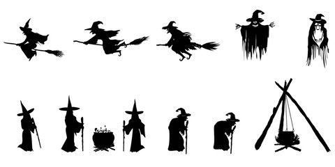 Set of silhouette witch on white background. Halloween concept. - obrazy, fototapety, plakaty