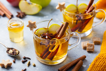 Apple mulled cider with spices in glass cup. Grey background. Close up.