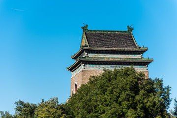 A landmark of the Gulou （Bell tower or Drum Tower) in the old town of Beijing, China.