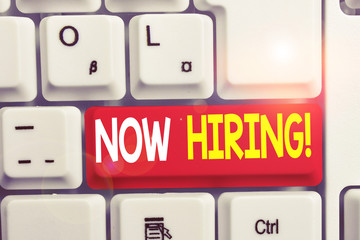 Writing note showing Now Hiring. Business concept for finding evaluating working relationship with...
