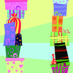 Rows of gift boxes and bags on a colorful background with place for your text.