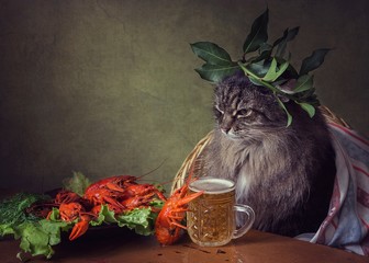 Beer with crayfish and funny cat in a laurel wreath