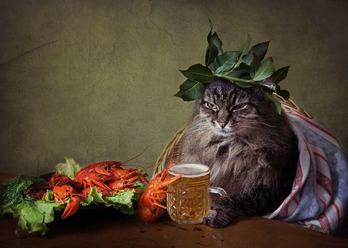 Beer with crayfish and funny cat in a laurel wreath