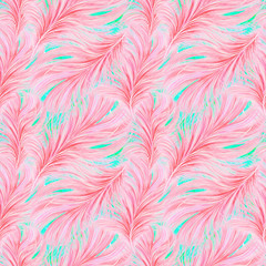 Seamless watercolor texture with red-pink feathers on a blue background