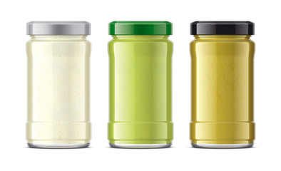 Set of Glass Jar with Sauces, Mustard, Wasabi, Horseradish. 