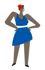 Redhead African woman in dress holding hands on waist