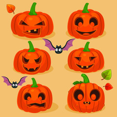 Set of vector illustration of Halloween pumpkins with bats and leafs