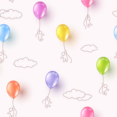 Balloons with kids flying on pink cloudy sky background. Vector colorful ballons seamless patern for Happy birthday party design. © Kindlena